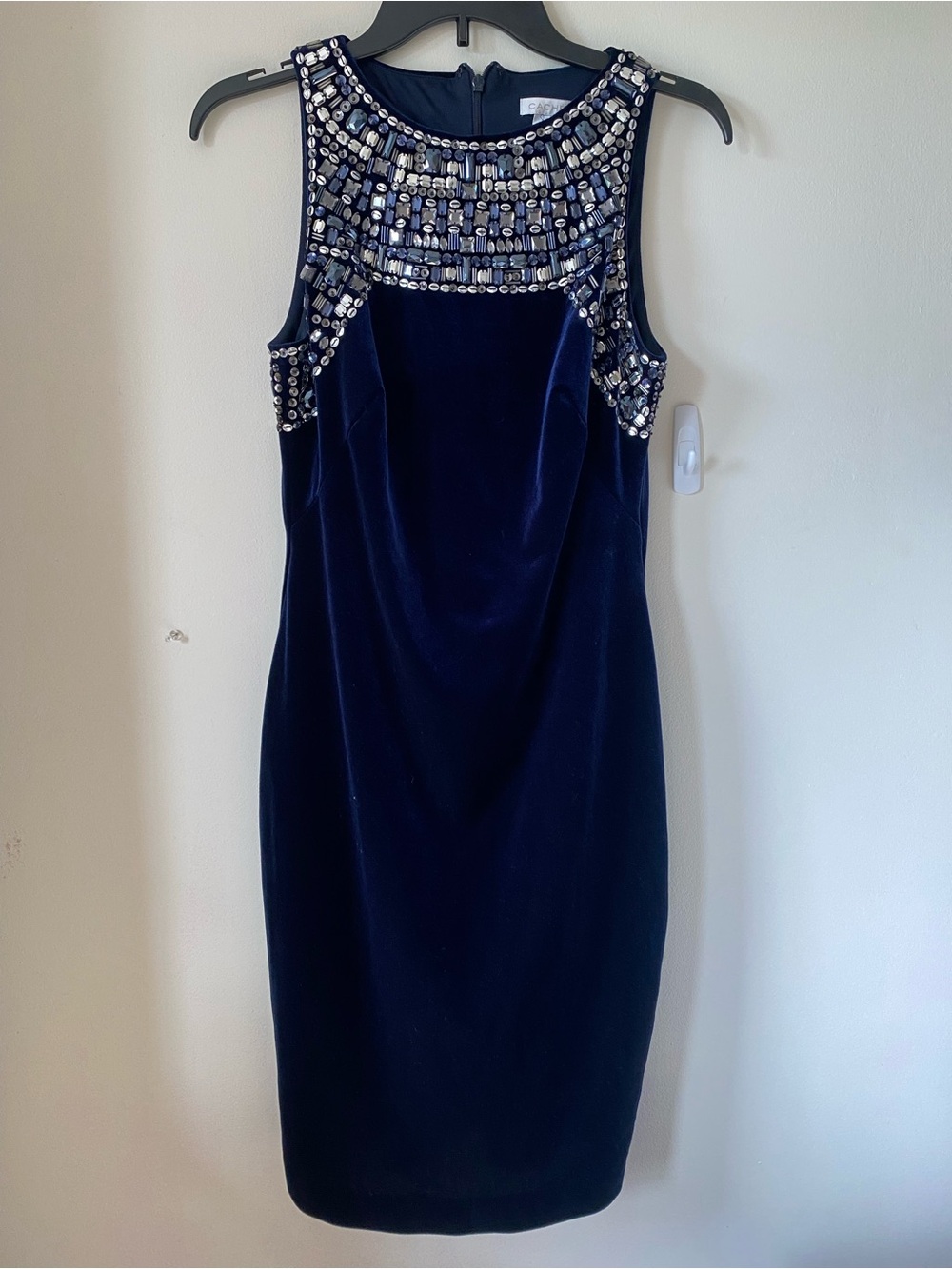 Cache Navy Blue Velvet Knee-length Sleeveless Dress
